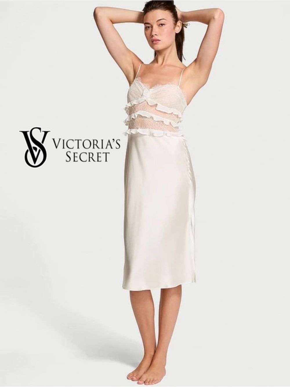 Victoria's Secret & Atelier Cream Lace-Trim Satin Chemise